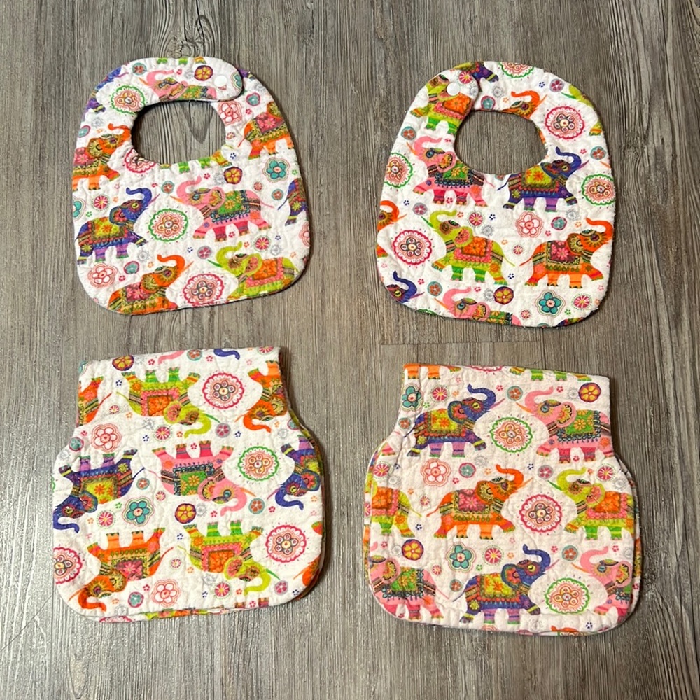 Hand Quilted Bib & Burp Cloth- Elephant Design